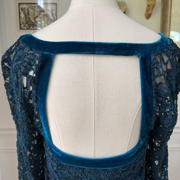 Free People Teal Lace Velvet Trim Long Sleeve Mini Dress M - Picture 8 of 11